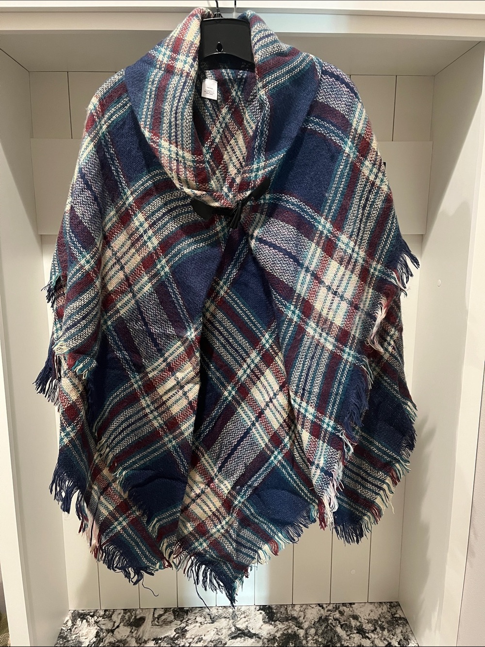 dressbarn Plaid Fringe Kimono in Navy, Burgundy & Cream